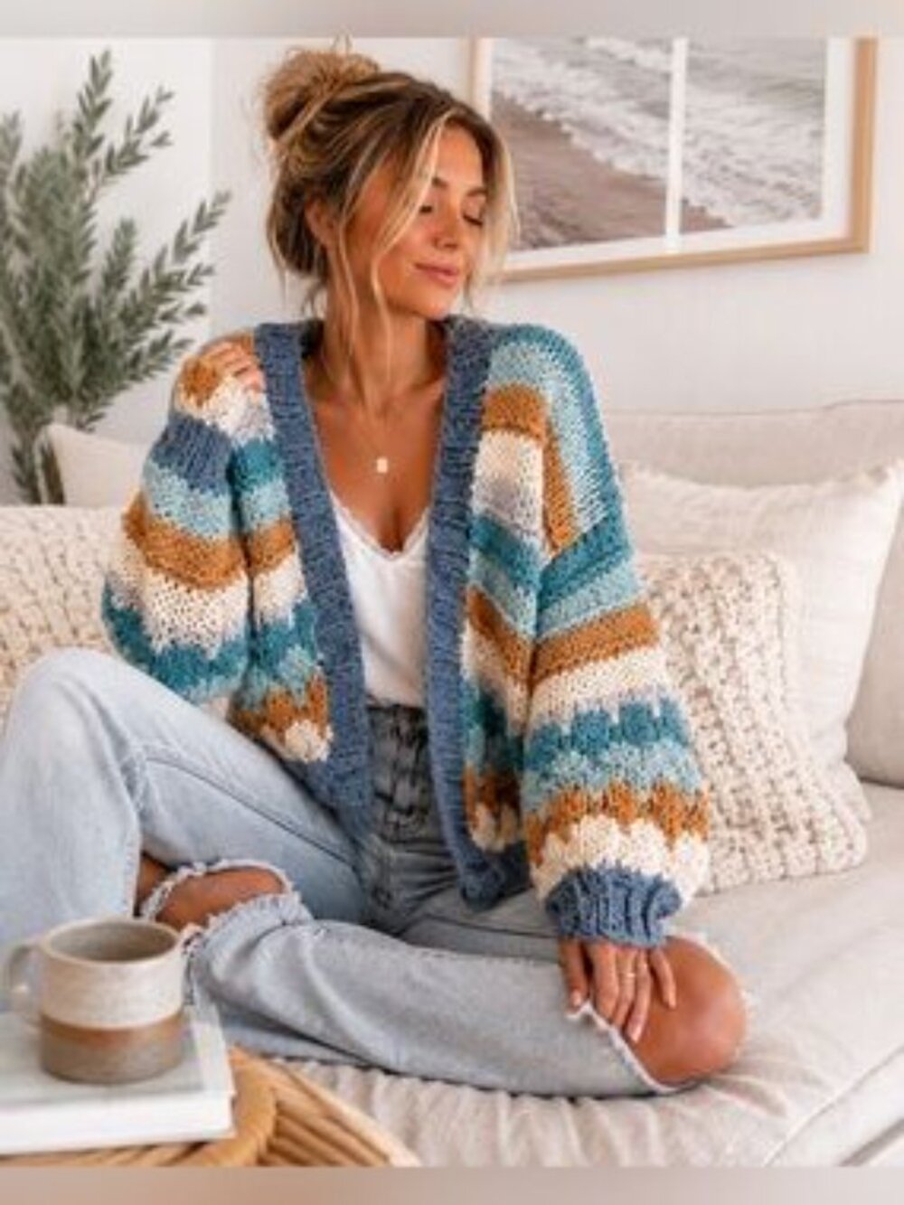 Altard State chunky knit oversized color block open front cardigan sweater